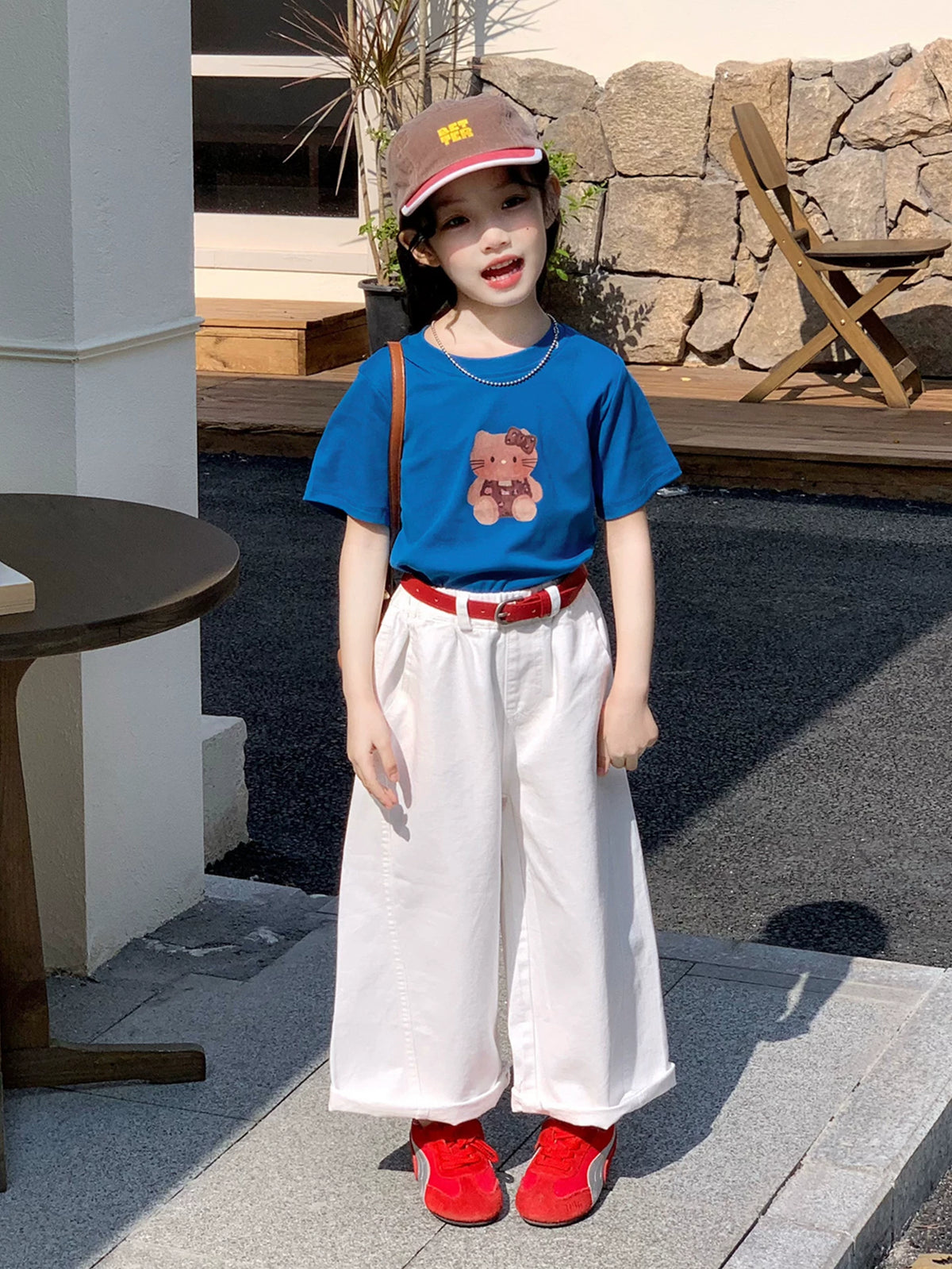 Girls Cartoon Tee & Wide-Leg Pants Set - Summer with Belt