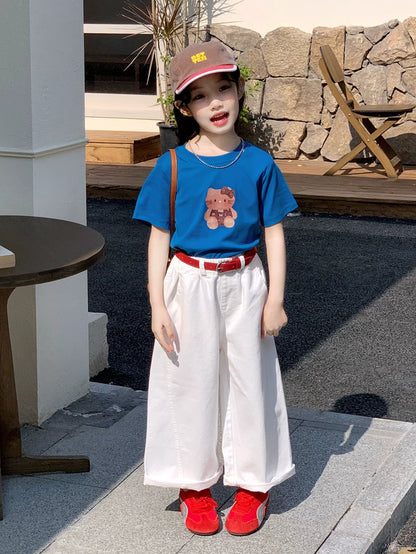Girls Cartoon Tee & Wide-Leg Pants Set - Summer with Belt