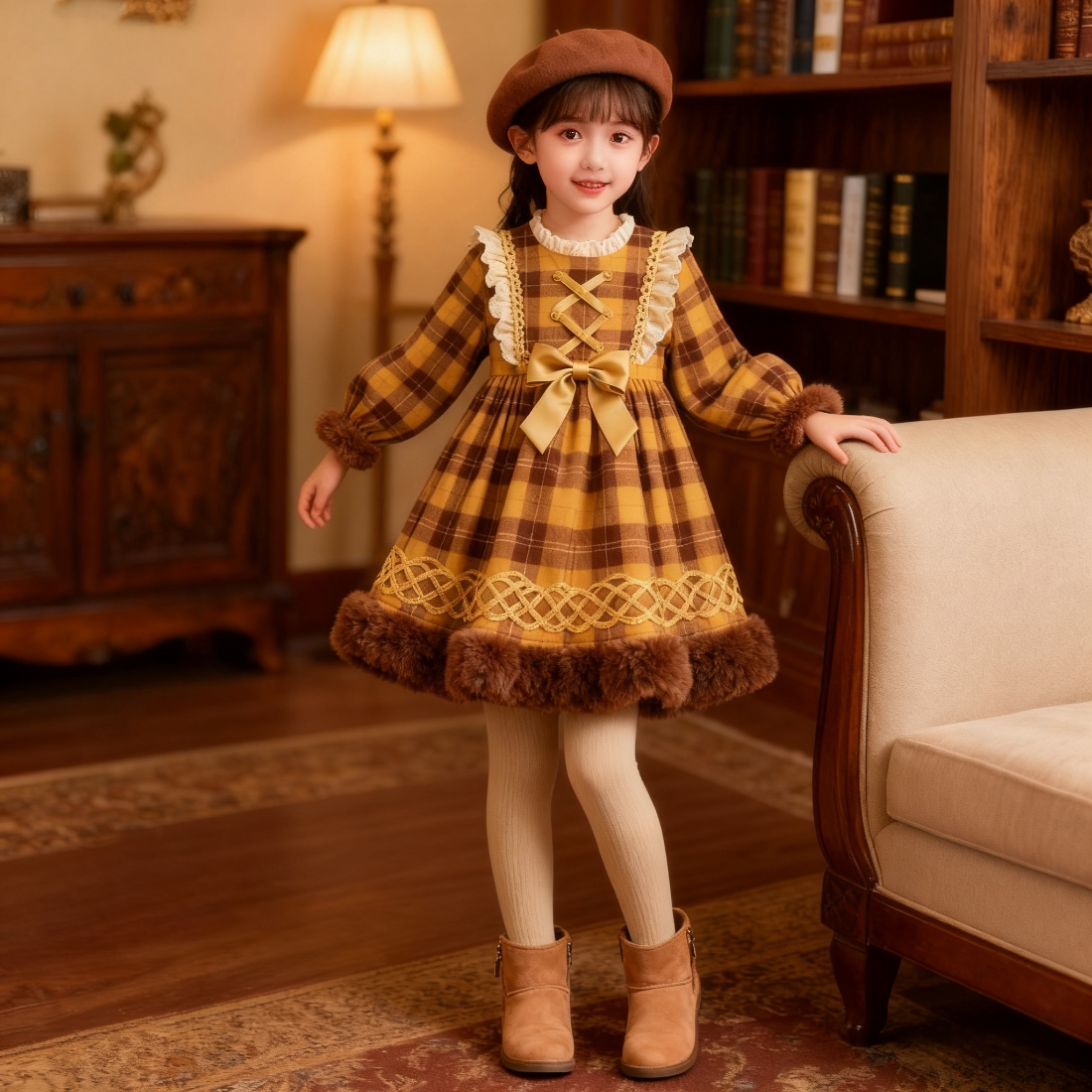 Girls Preppy Plaid Lolita Dress - Fleece-Lined Birthday Gown with Leggings Options