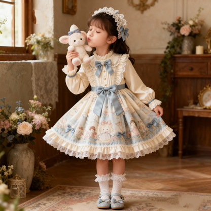 Girls Cartoon Lolita Dress - Fleece-Lined Sweet Birthday Gown with Headpiece