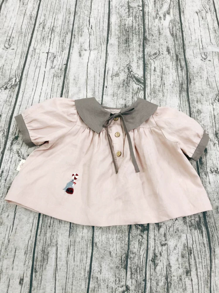 Girls Linen Short-Sleeve Shirt - Forest-Style Contrast Collar