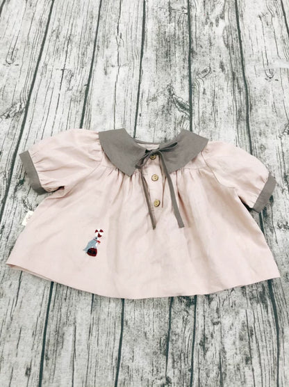 Girls Linen Short-Sleeve Shirt - Forest-Style Contrast Collar