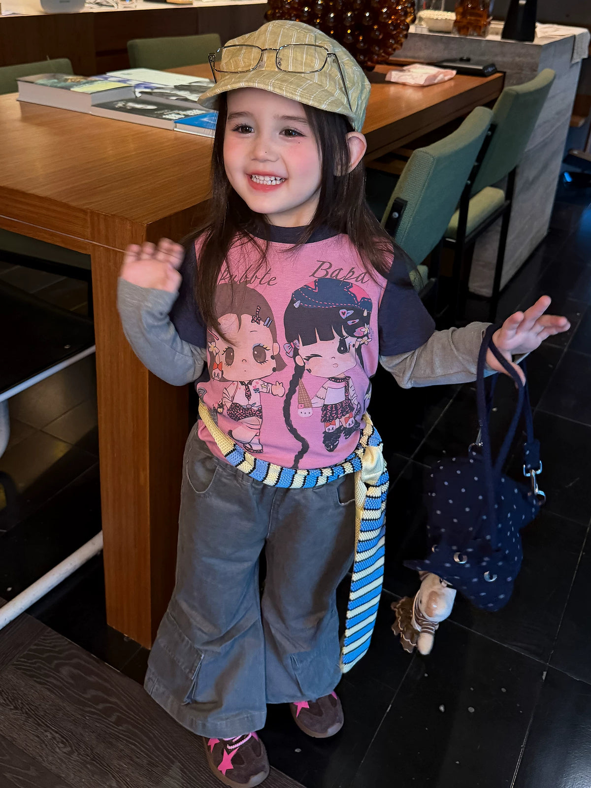 Girls Cartoon Tee & Cargo Flare Pants Set - Korean Autumn