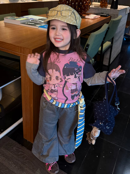 Girls Cartoon Tee & Cargo Flare Pants Set - Korean Autumn