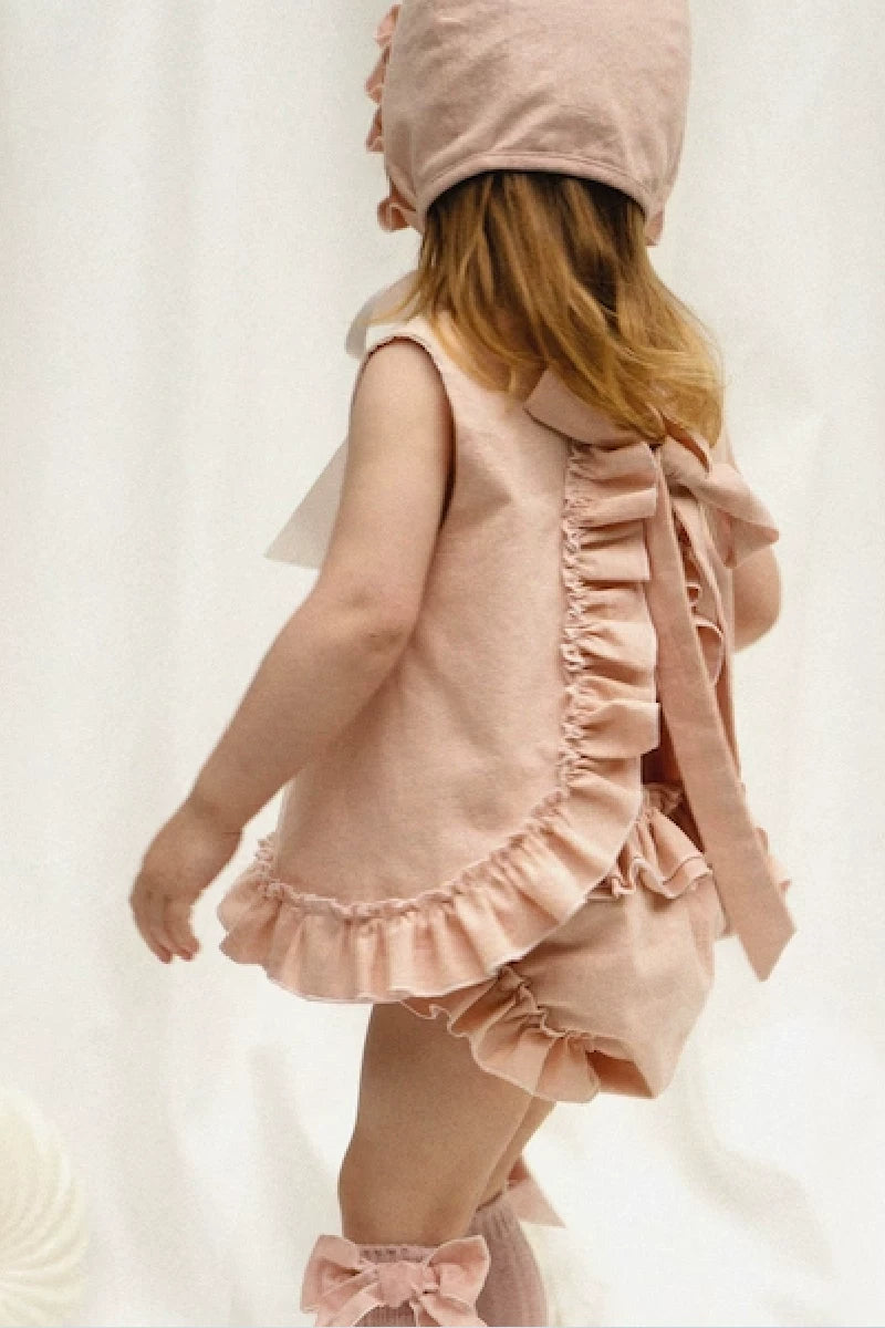 Linen Shorts & Vest Set - Bow-Tie Hand-Embroidered Two-Piece
