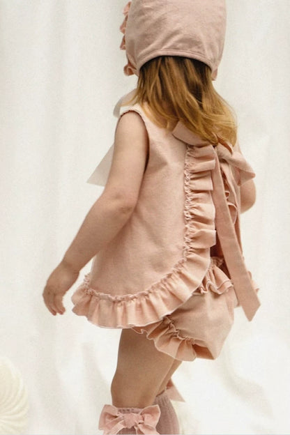 Linen Shorts & Vest Set - Bow-Tie Hand-Embroidered Two-Piece