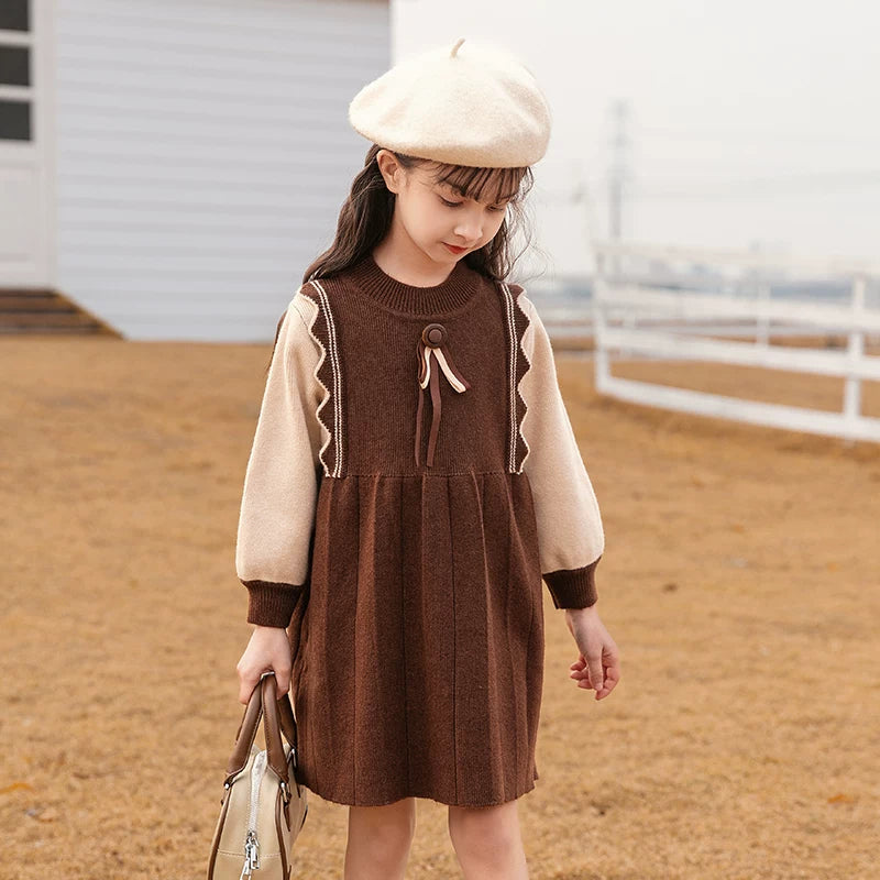 Girls Preppy Knit Sweater Dress - Embroidered Long-Sleeve Midi