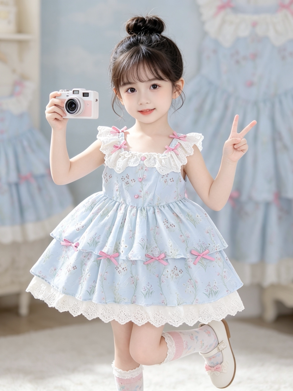 Girls Fresh-Style Lolita Sundress - Bow-Accent Puffy Princess Dress