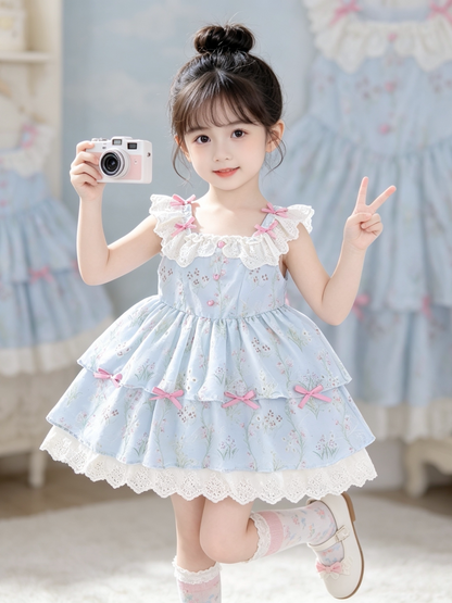 Girls Fresh-Style Lolita Sundress - Bow-Accent Puffy Princess Dress