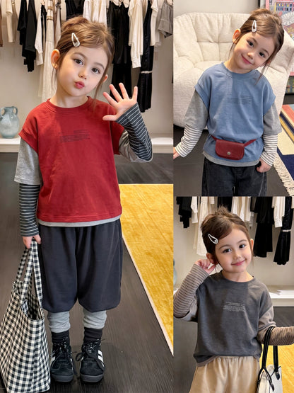 Girls Letter Print Faux Two-Piece Tee - Korean Contrast Layering