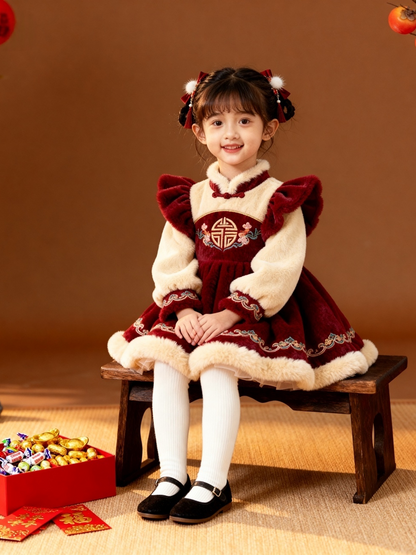 Girls Flutter-Sleeve New-Year Lolita Dress - Fuzzy Puffy Birthday Princess Gown