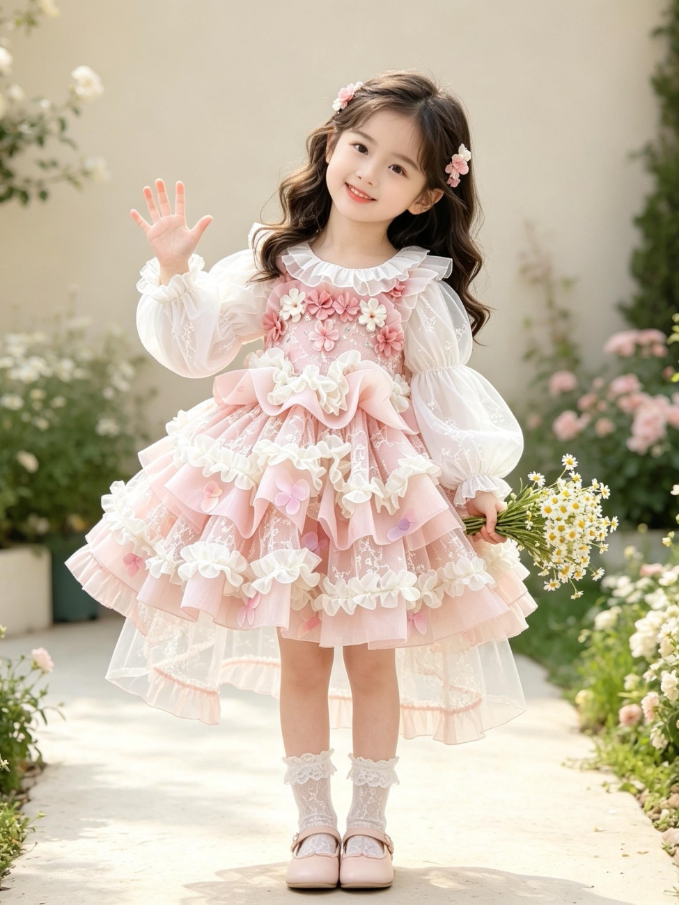 Girls Flower-Fairy Long-Sleeve Lolita Dress - Birthday Puffy Gown with Base Top & Train Options
