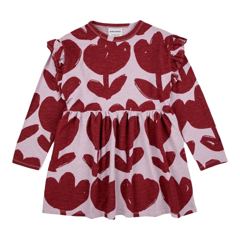 Girls Nordic Linen Dress - Floral Ruffle Long-Sleeve