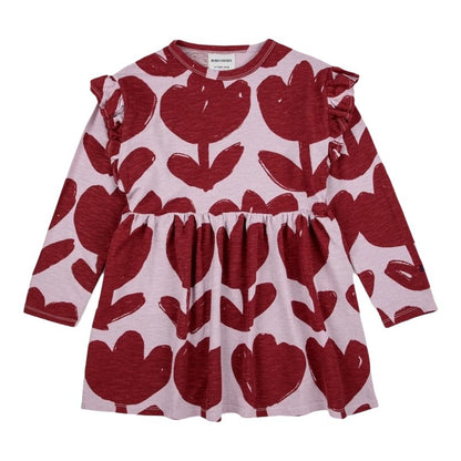 Girls Nordic Linen Dress - Floral Ruffle Long-Sleeve