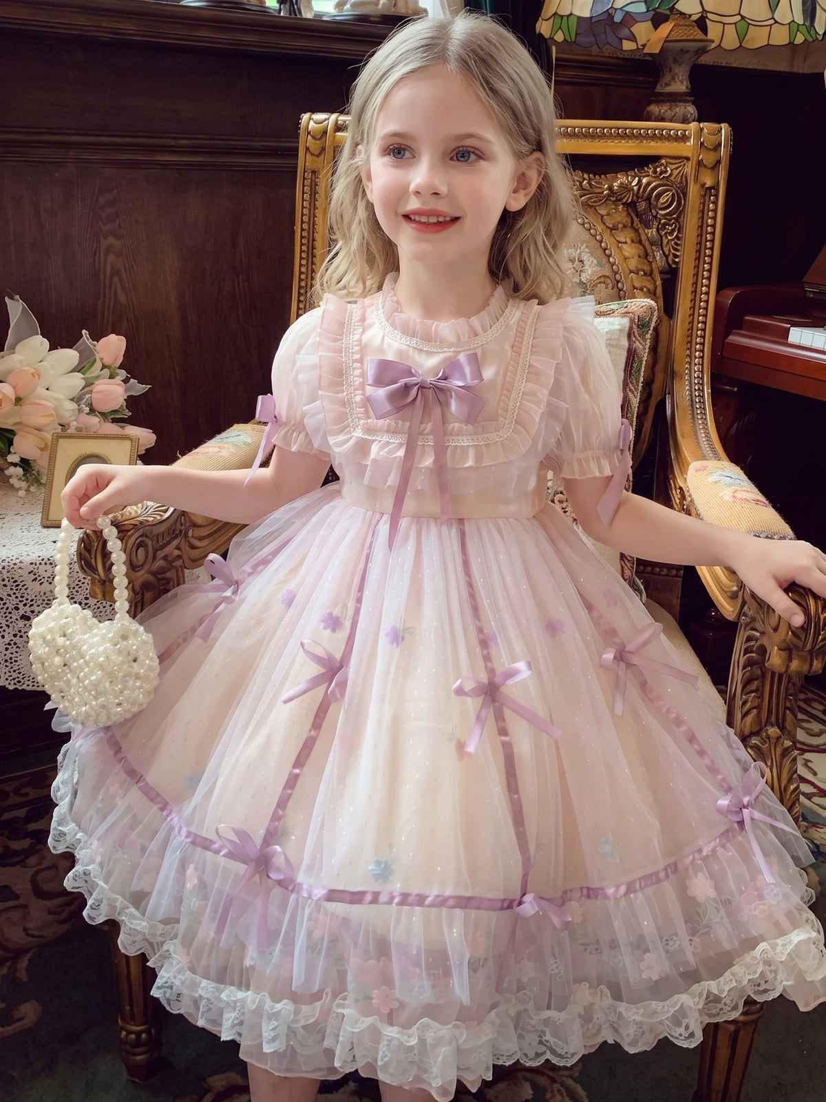 Girls Lolita Birthday Dress - Puffy Tulle Gown, Long or Short Sleeve
