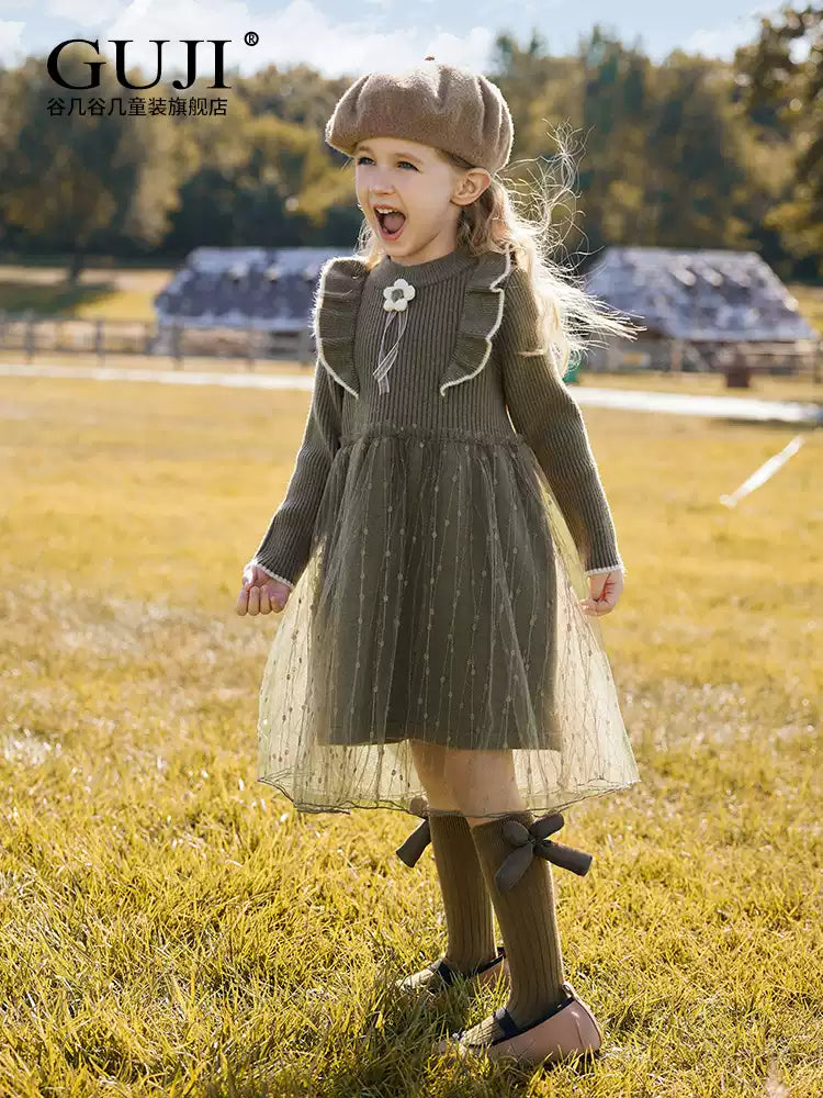 Girls Knit Tutu Sweater Dress - Flower-Accent Princess Dress