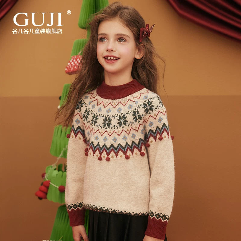 Girls Christmas Knit Sweater - Pom-Pom Festive Holiday Top