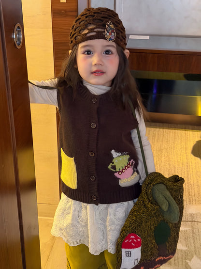 Girls Knit Vest & Corduroy Pants Set - Retro Layering Autumn