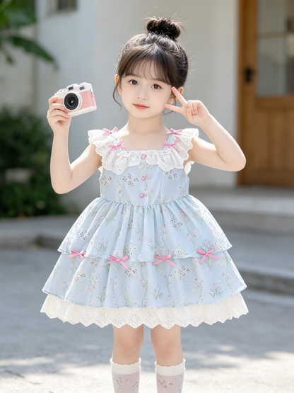 Girls Fresh-Style Lolita Sundress - Bow-Accent Puffy Princess Dress