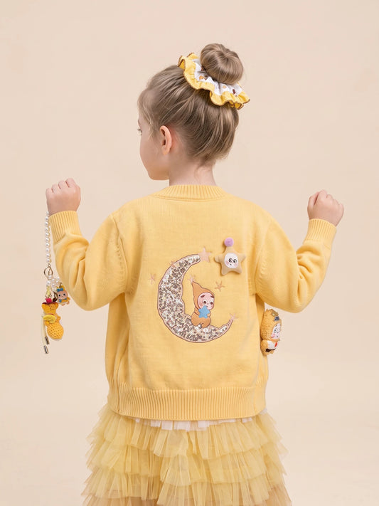 Girls Cartoon Cardigan Three-Piece Set - Knit Top & Tiered Skirt