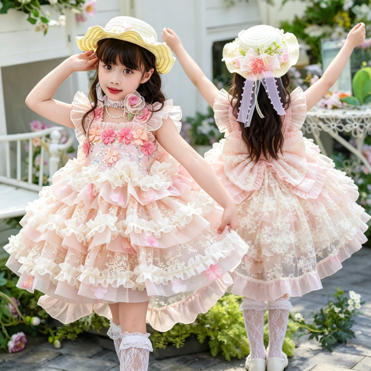 Girls Flower-Fairy Long-Sleeve Lolita Dress - Birthday Puffy Gown with Base Top & Train Options