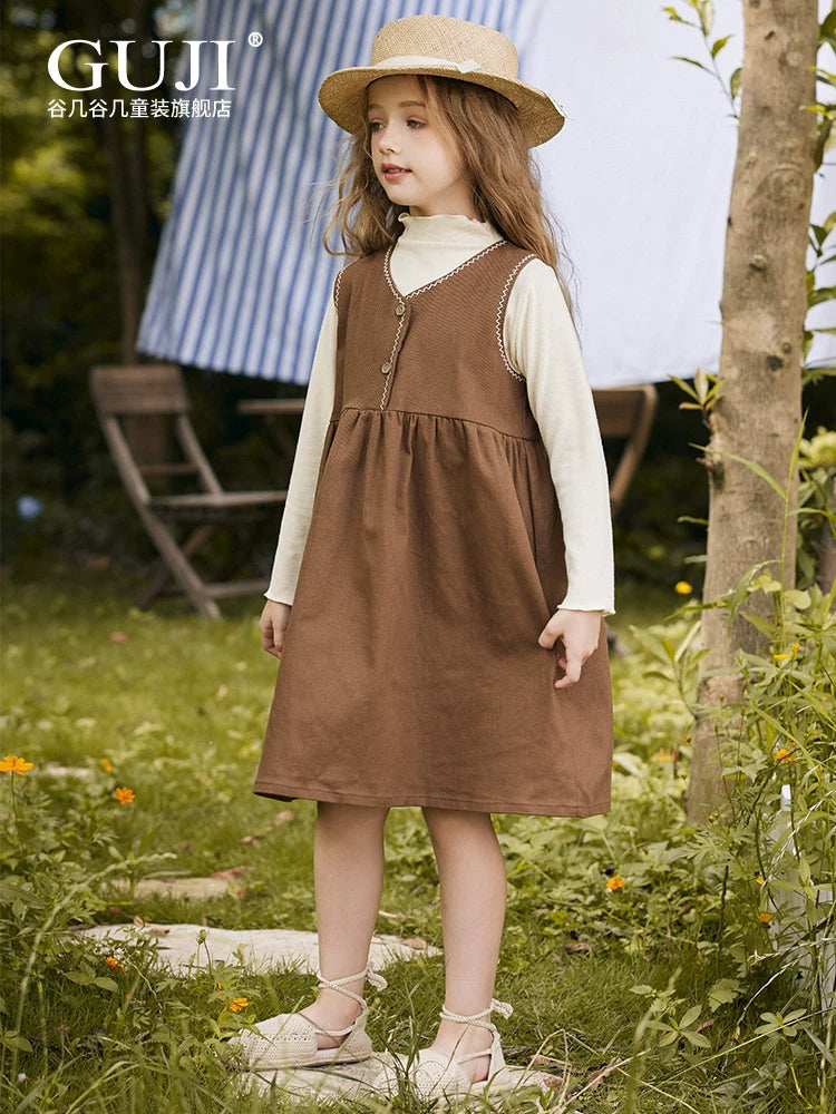 Girls Retro Pinafore Dress - Forest-Style Long suspender Skirt