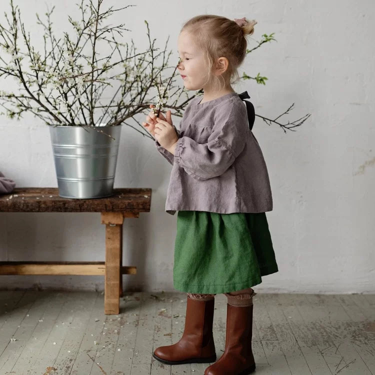 Girls Nordic Linen Shirt & Skirt Set - Long-Sleeve Autumn
