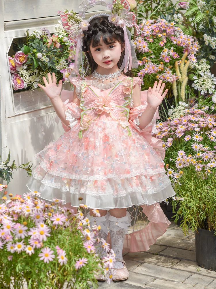 Girls Flower-Fairy Lolita Dress - Pink Gown with Train Option