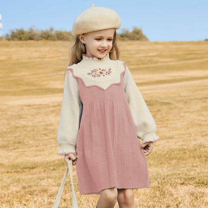 Girls Preppy Princess Sweater Dress - Embroidered Knit Midi, Fleece Options