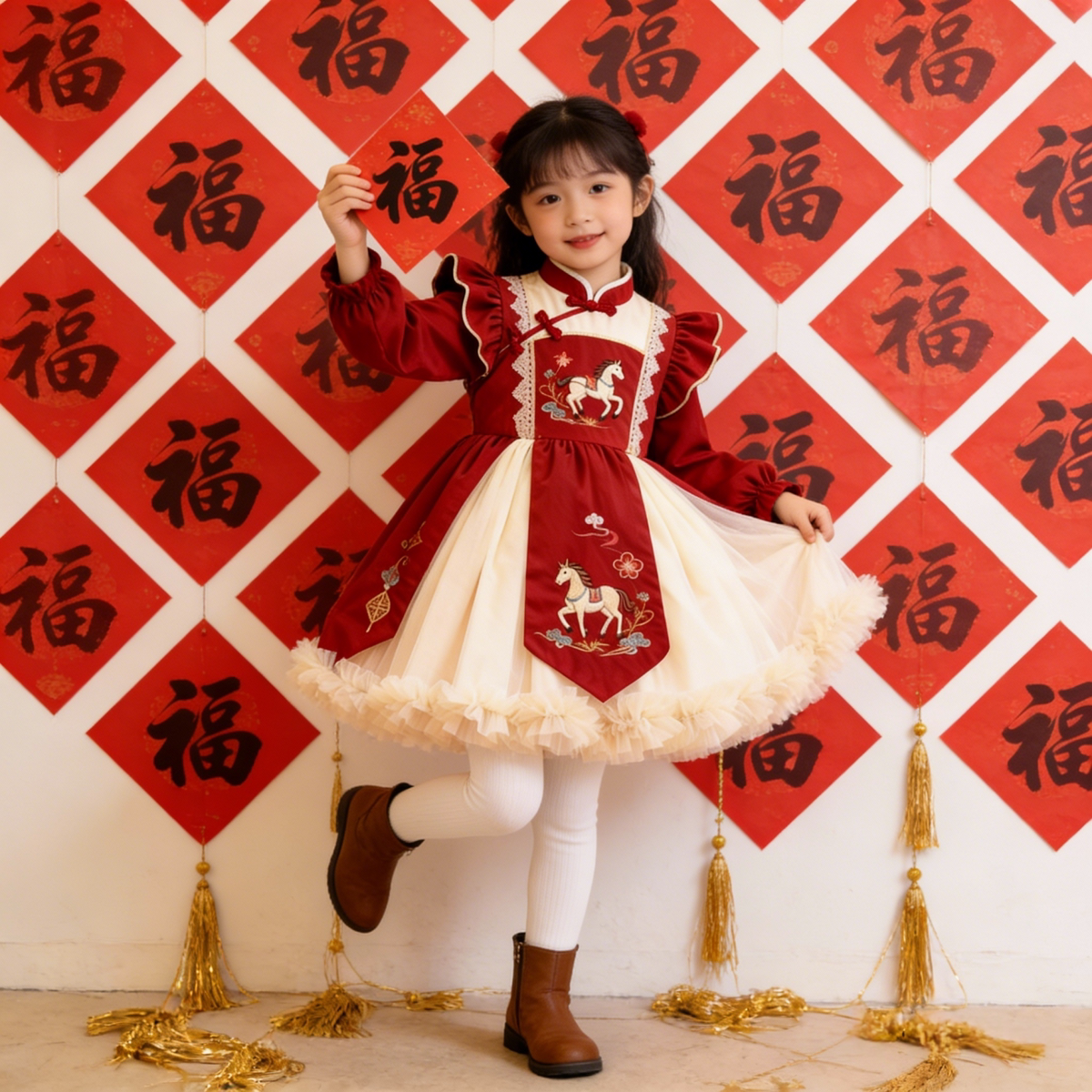 Girls Horse-Embroidered Fleece-Lined New-Year Dress - Tang-Style Princess Gown