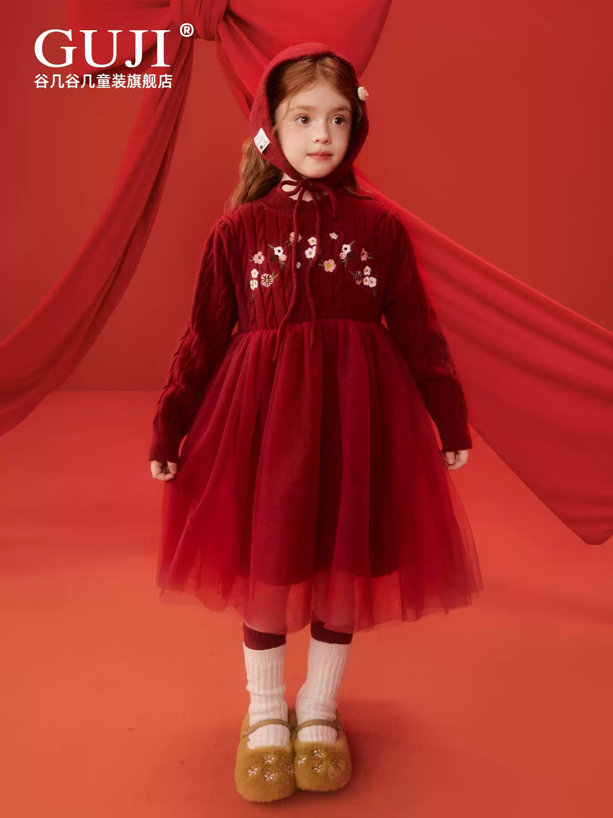 Girls Princess Mesh Knit Dress - Embroidered Winter Sweater Dress