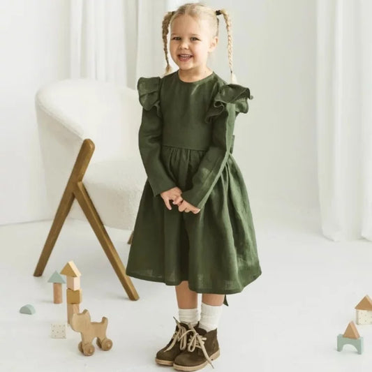 Girls Nordic Linen Dress - Forest Green Long-Sleeve