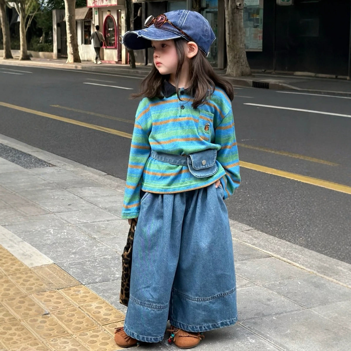 Girls Striped Polo & Wide-Leg Jeans Set - Retro Autumn with Mini Bag