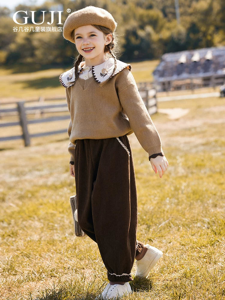 Girls Fleece-Lined Corduroy Joggers - Ruffle-Cuff Warm Pants