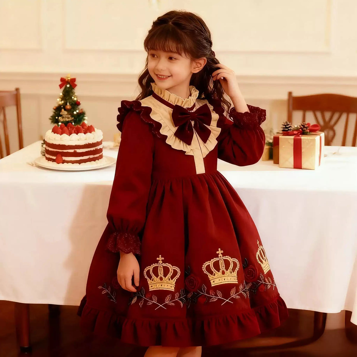 Girls Crown-Embroidered Court-Style Dress - Fleece-Lined Festive Princess Gown