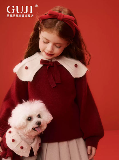 Girls Christmas Collared Sweater - Red Princess Knit Cardigan
