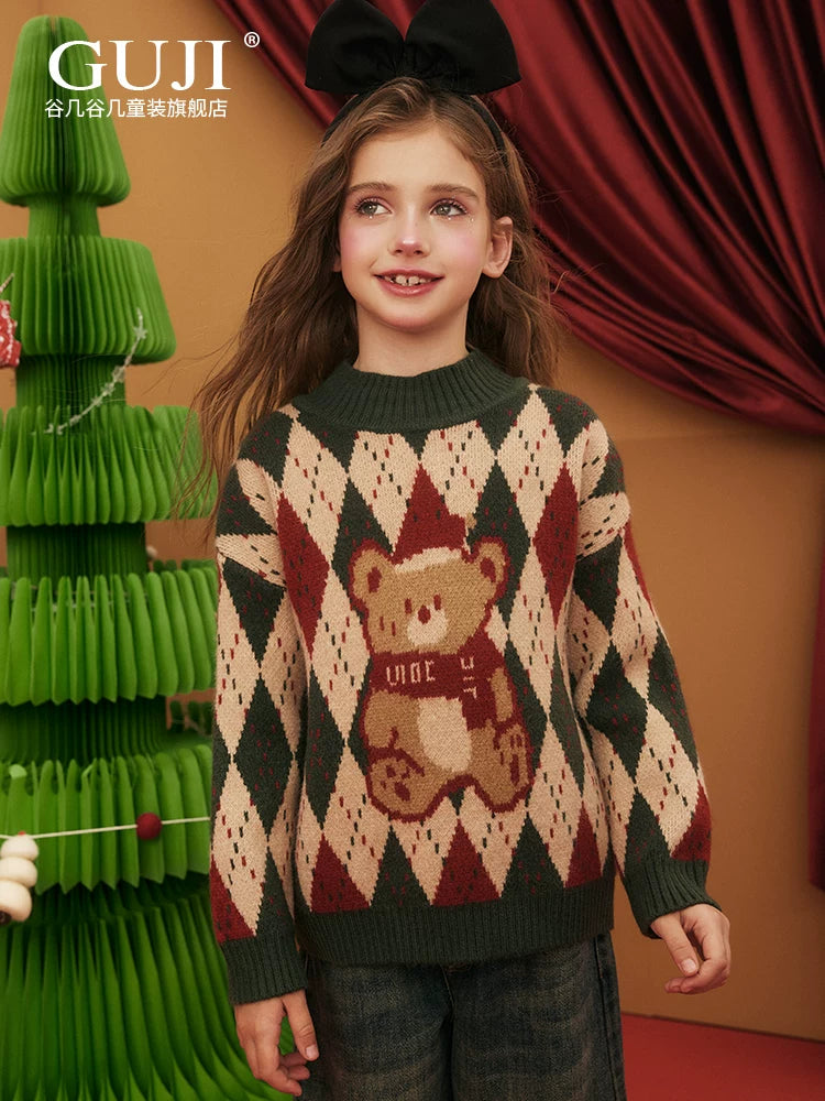 Girls Christmas Knit Cardigan - Festive Red Green Sweater Coat