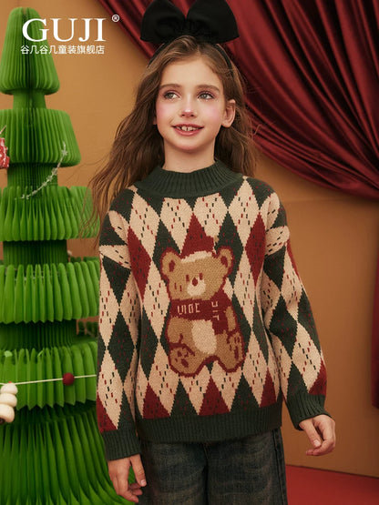 Girls Christmas Knit Cardigan - Festive Red Green Sweater Coat