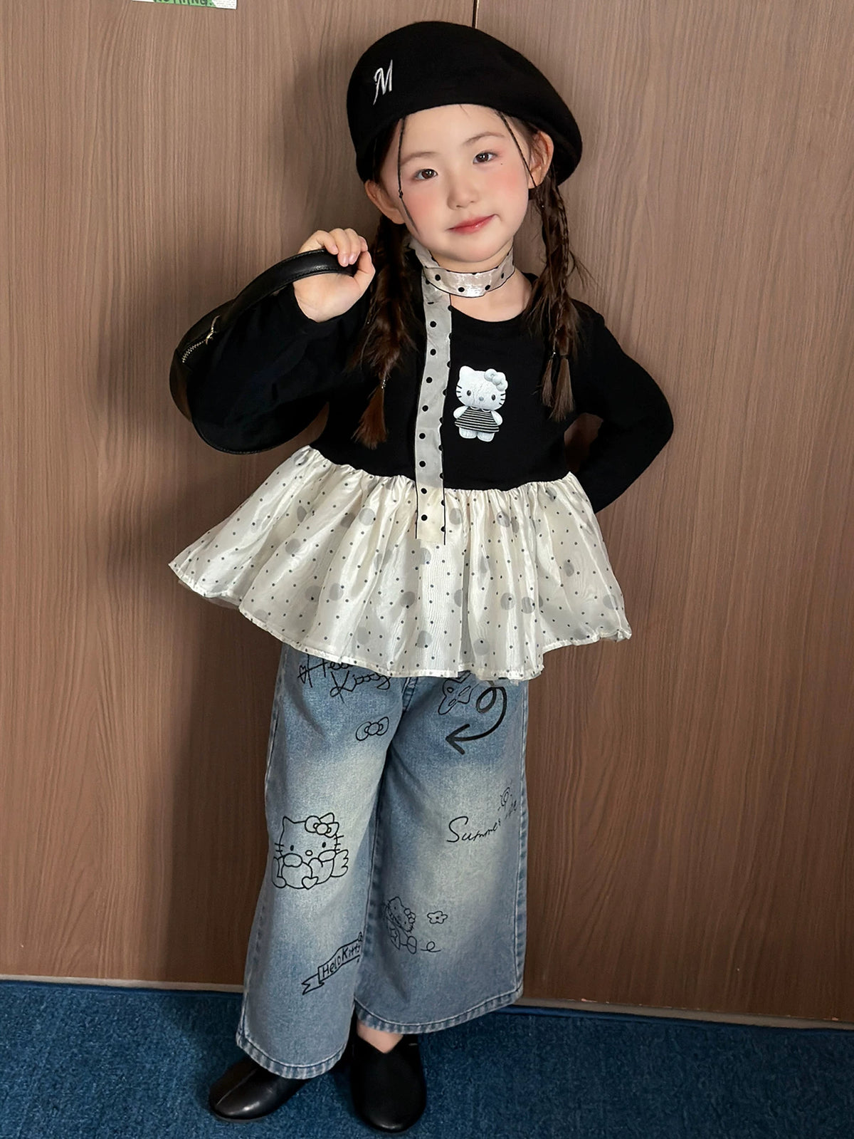 Girls Mesh-Panel Kitty Top & Jeans Set - Sweet Autumn Two-Piece