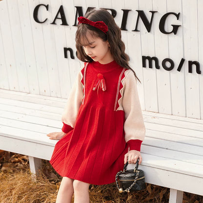 Girls Preppy Princess Sweater Dress - Embroidered Knit Midi, Fleece Options