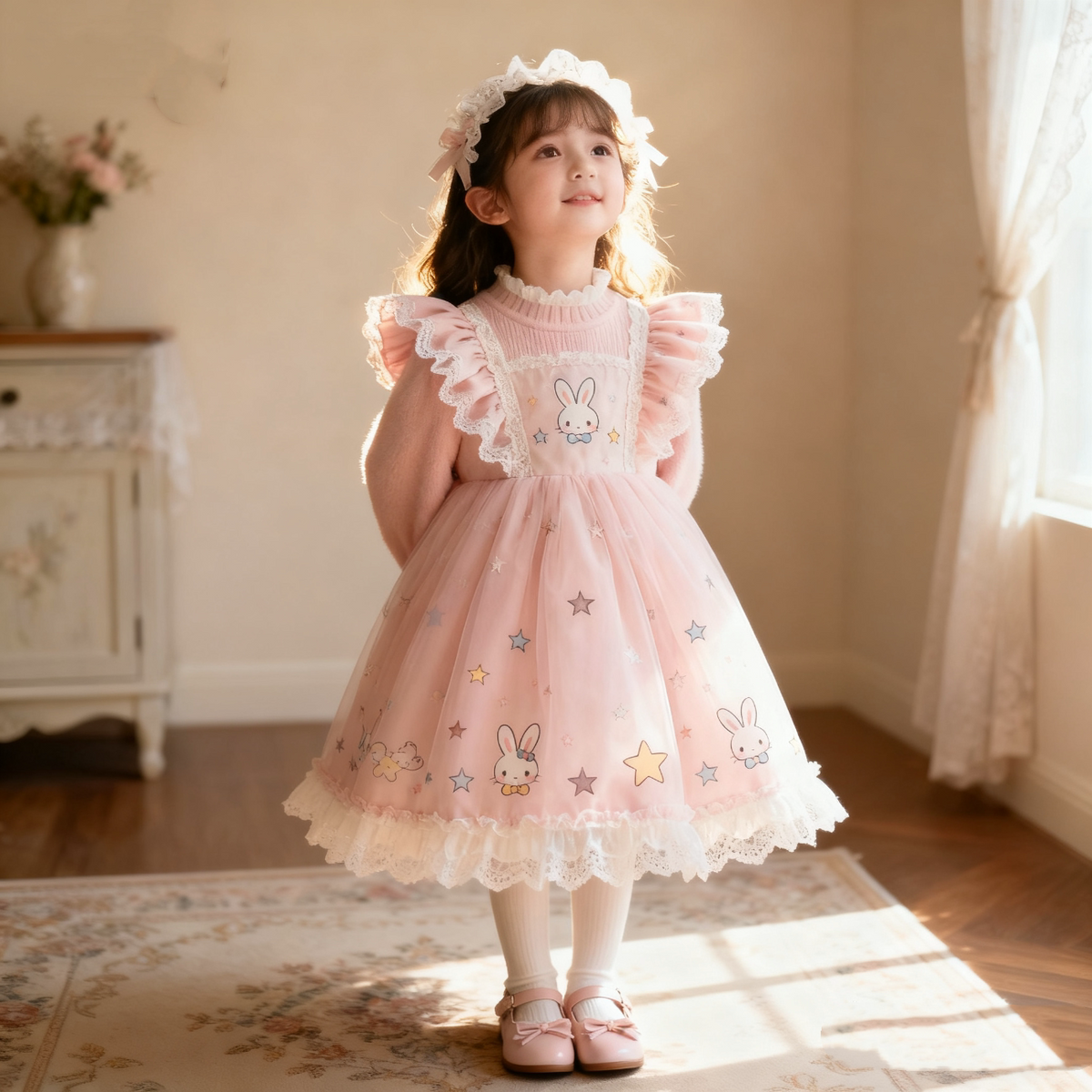 Girls Pink Bunny Fleece-Lined Lolita Dress - Puffy Birthday Princess Gown