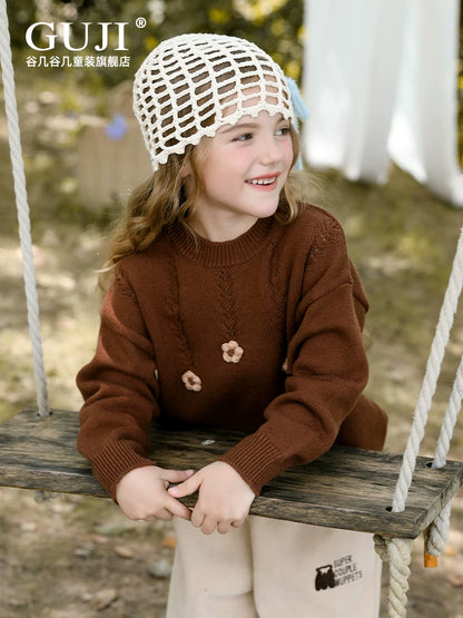 Girls Crew-Neck Knit Sweater - Classic Long-Sleeve Pullover