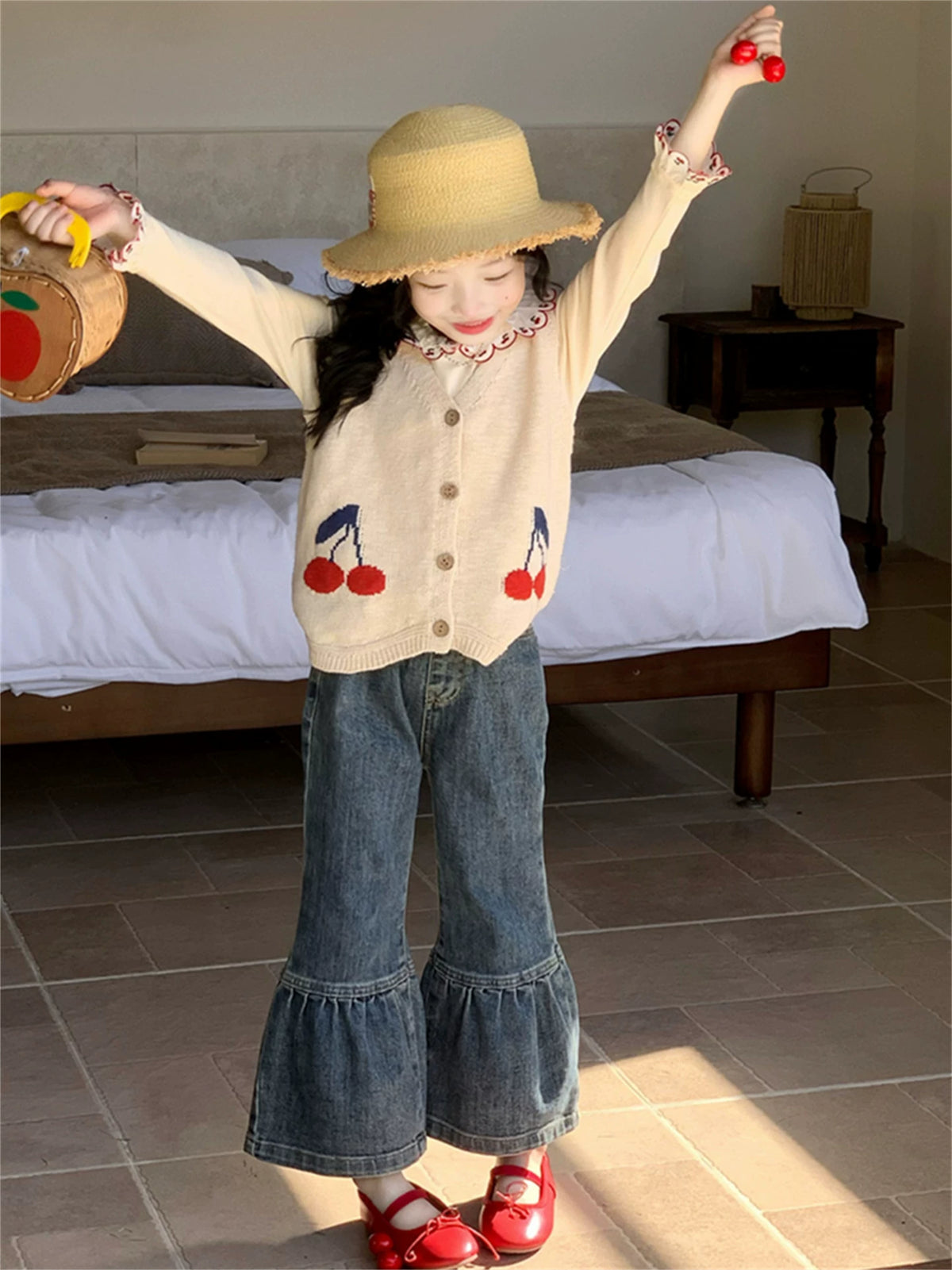 Girls Knit Vest, Tee & Jeans Three-Piece Set - Cherry Print Autumn Separates
