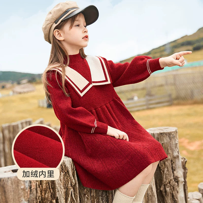 Girls Fleece-Lined Knit Dress - Preppy Princess Sweater Dress