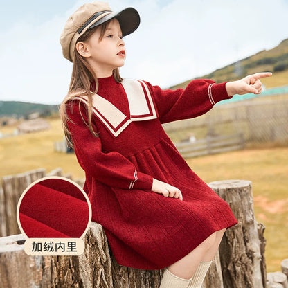 Girls Fleece-Lined Knit Dress - Preppy Princess Sweater Dress