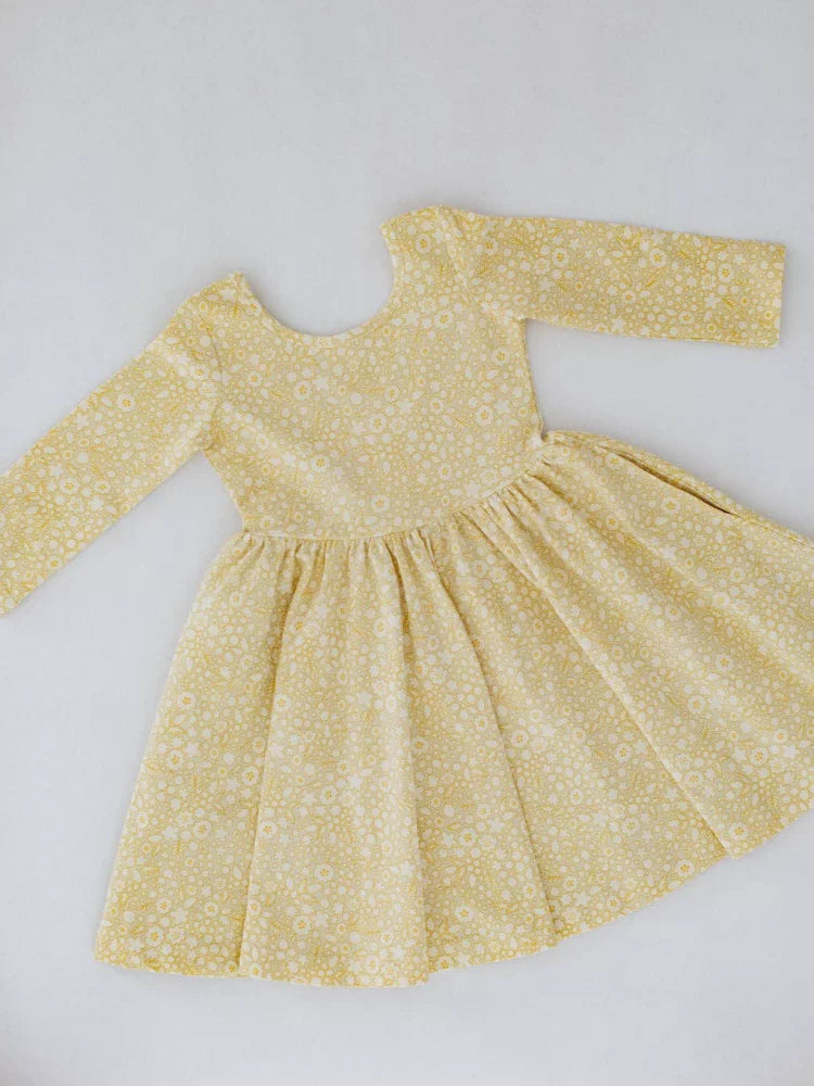 Girls Nordic Linen Dress - Yellow Floral Long-Sleeve