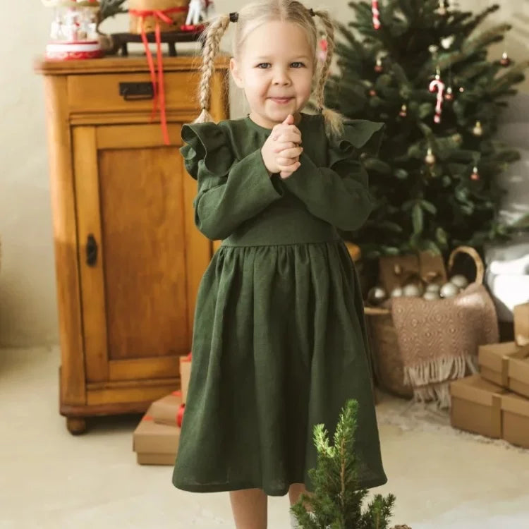 Girls Nordic Linen Dress - Forest Green Long-Sleeve