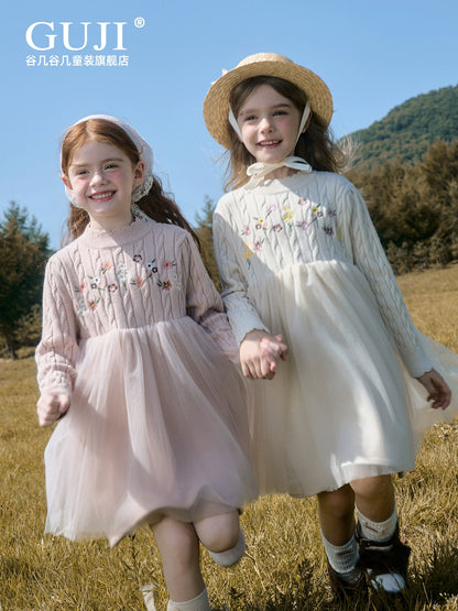 Girls Princess Mesh Knit Dress - Embroidered Winter Sweater Dress