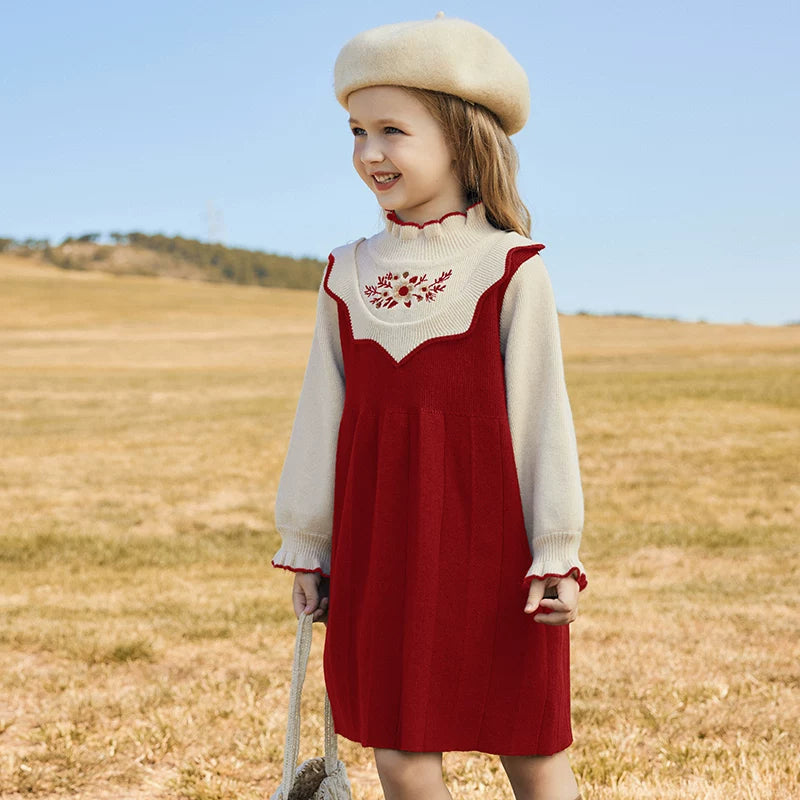 Girls Preppy Knit Sweater Dress - Embroidered Long-Sleeve Midi