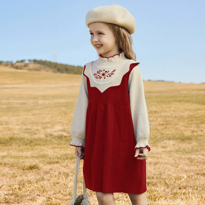 Girls Preppy Knit Sweater Dress - Embroidered Long-Sleeve Midi